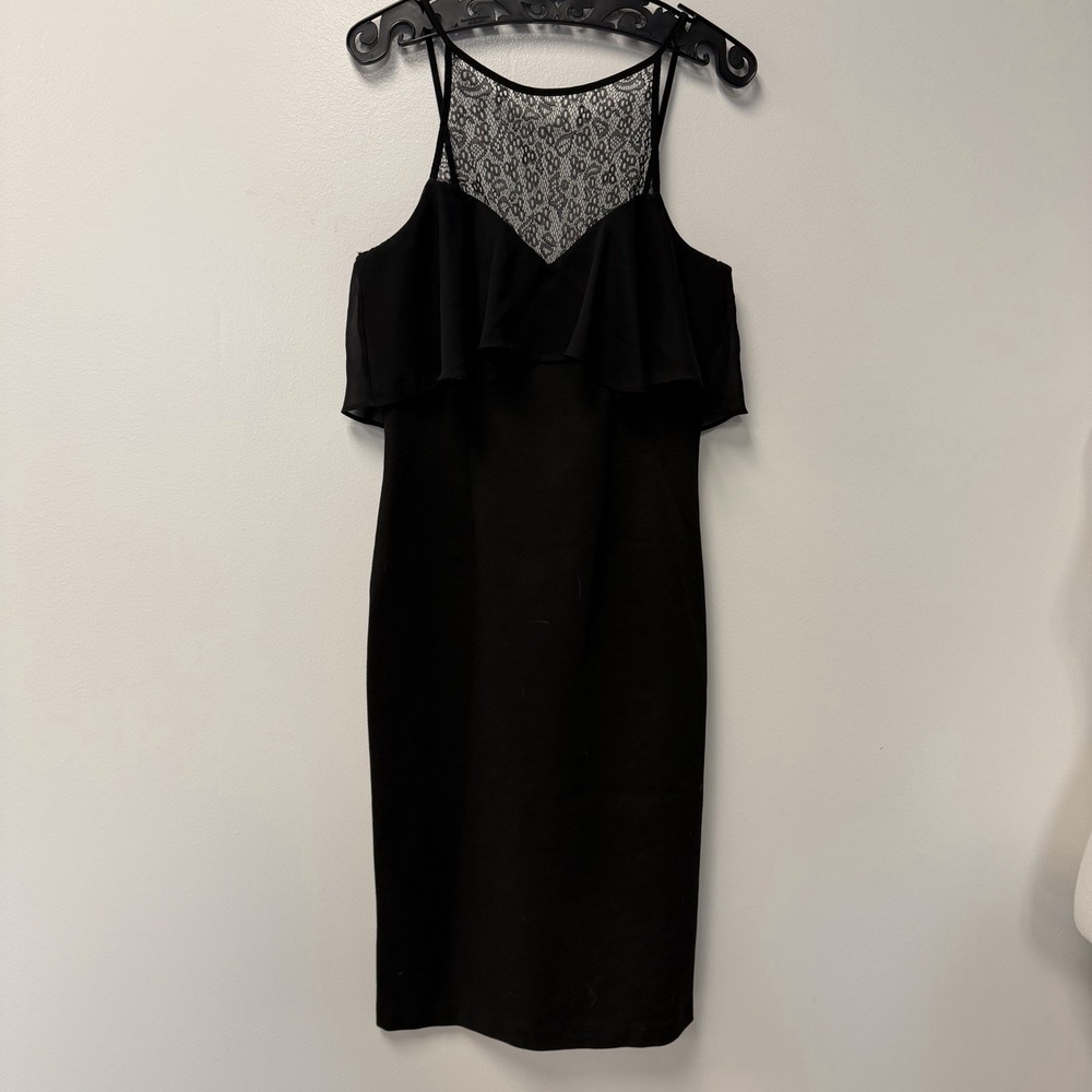 Women's black lace, and spaghetti strap ruffle midi dress BCBG Size 8